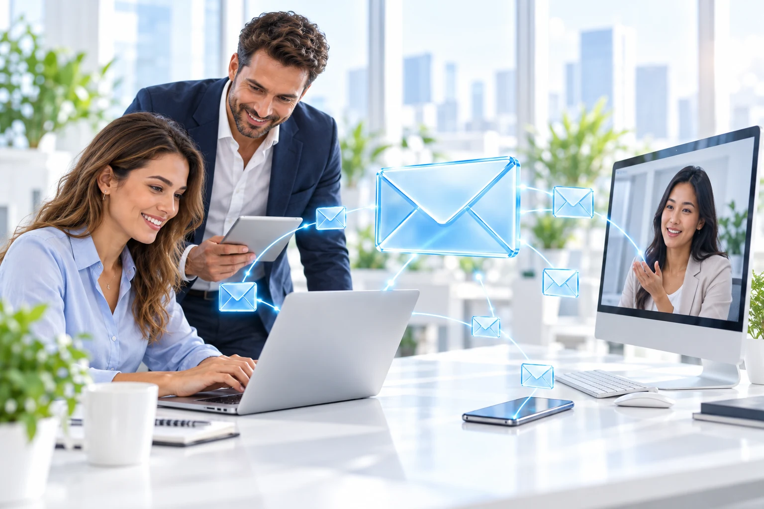 Illustrative scene of colleagues connecting through email and video communication