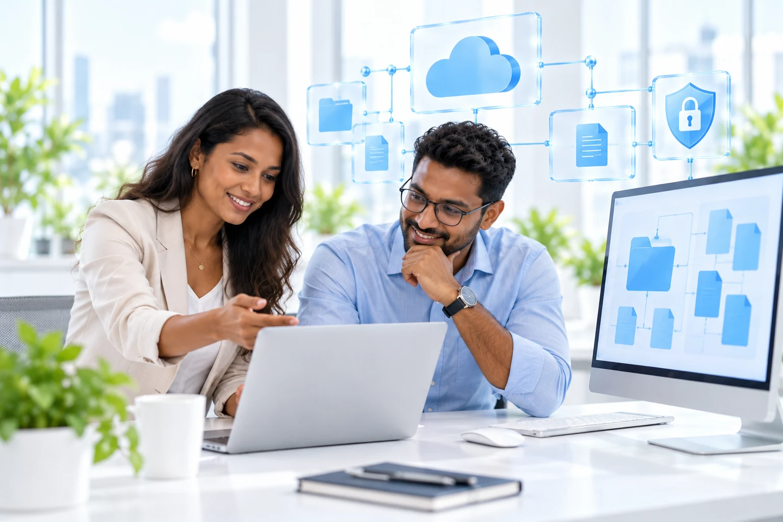 IT consultant and business client planning shared cloud documents and protected access