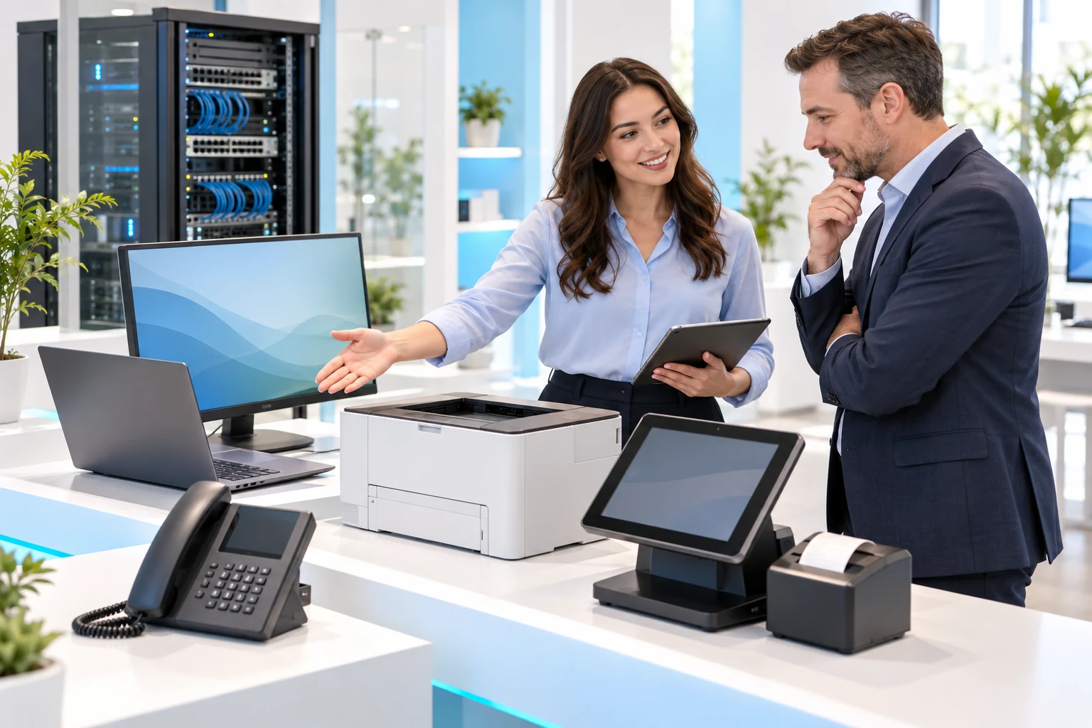 Illustrative scene of a consultant helping a business customer select computer hardware and networking equipment