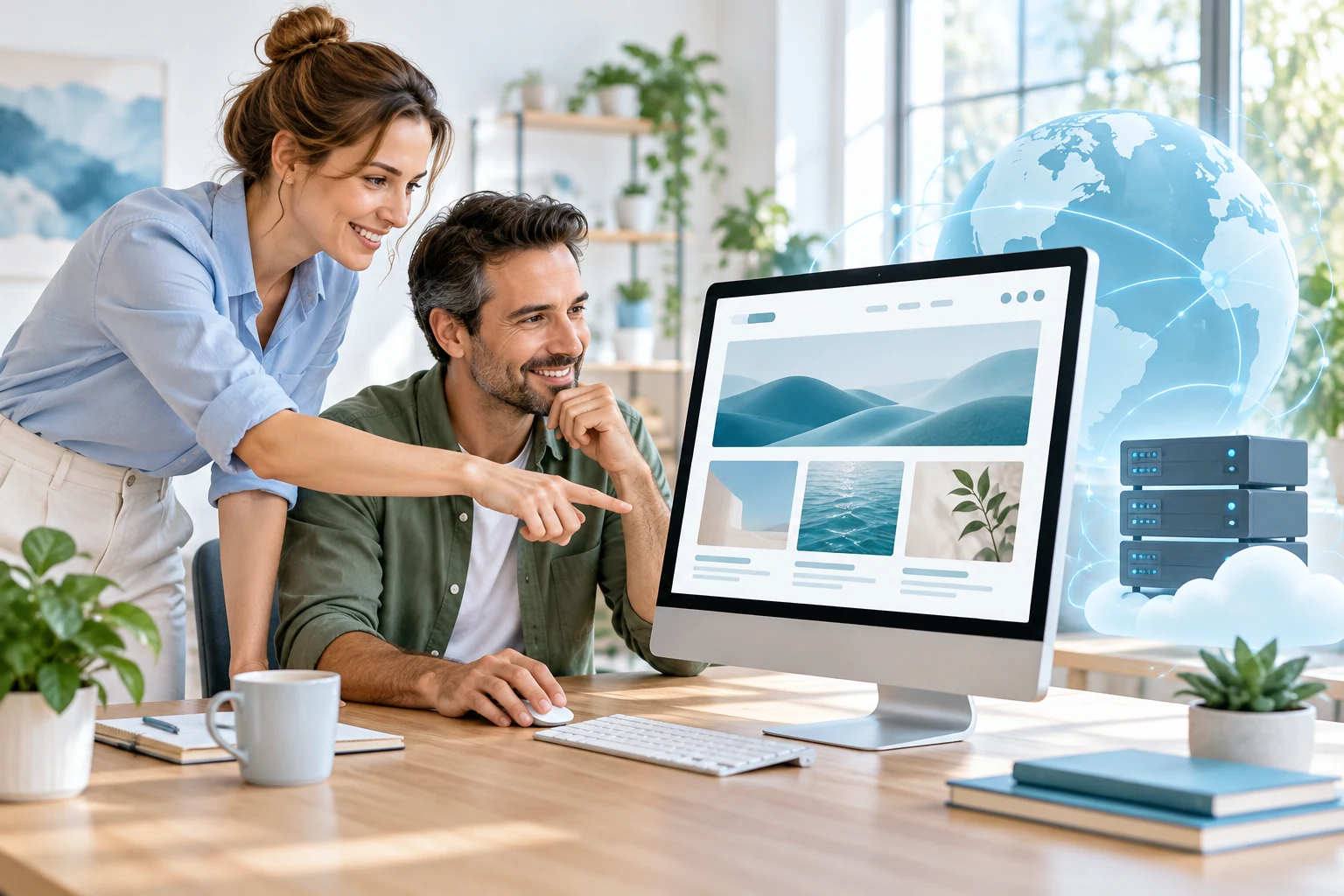 Illustrative scene of a web professional and business owner planning a website and hosting